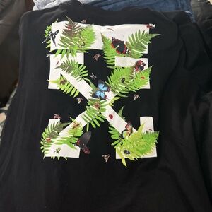 Off-White Black Tee with White Logo and Green Fern Graphic
